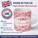 Personalized Custom Name Romantic Pink Rose Blossom Floral Seamless Pattern Name Cute Unique 11oz Ceramic Coffee Tea Mug White Large Handle
