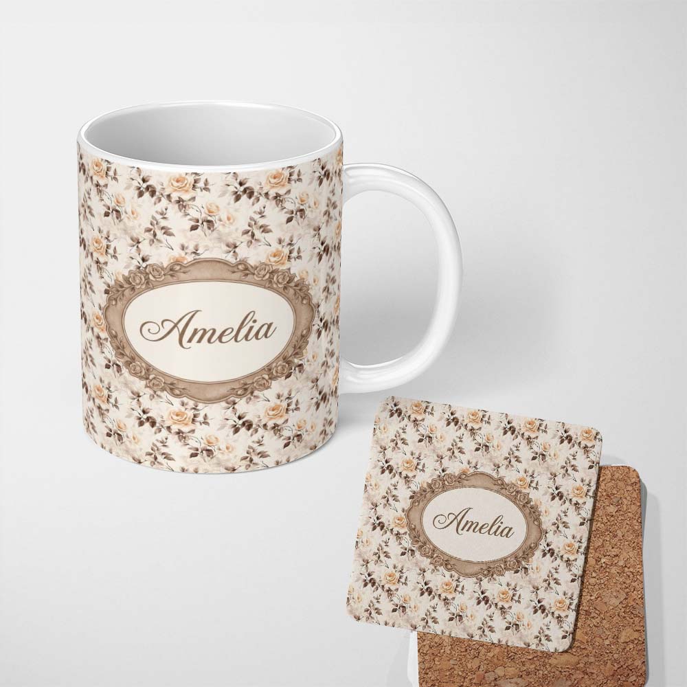 Personalized Custom Name Vintage Sepia Rose Botanical Floral Seamless Pattern Name Cute 11oz Ceramic Coffee Tea Mug White Large Handle