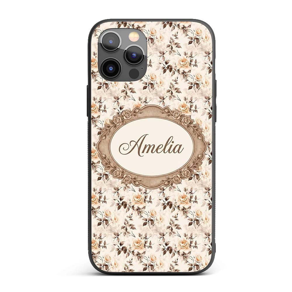 Vintage Sepia Rose Botanical Floral Seamless Custom Name Protective Phone Case Mobile Cover Durable Everyday Smartphone Shock Resistant