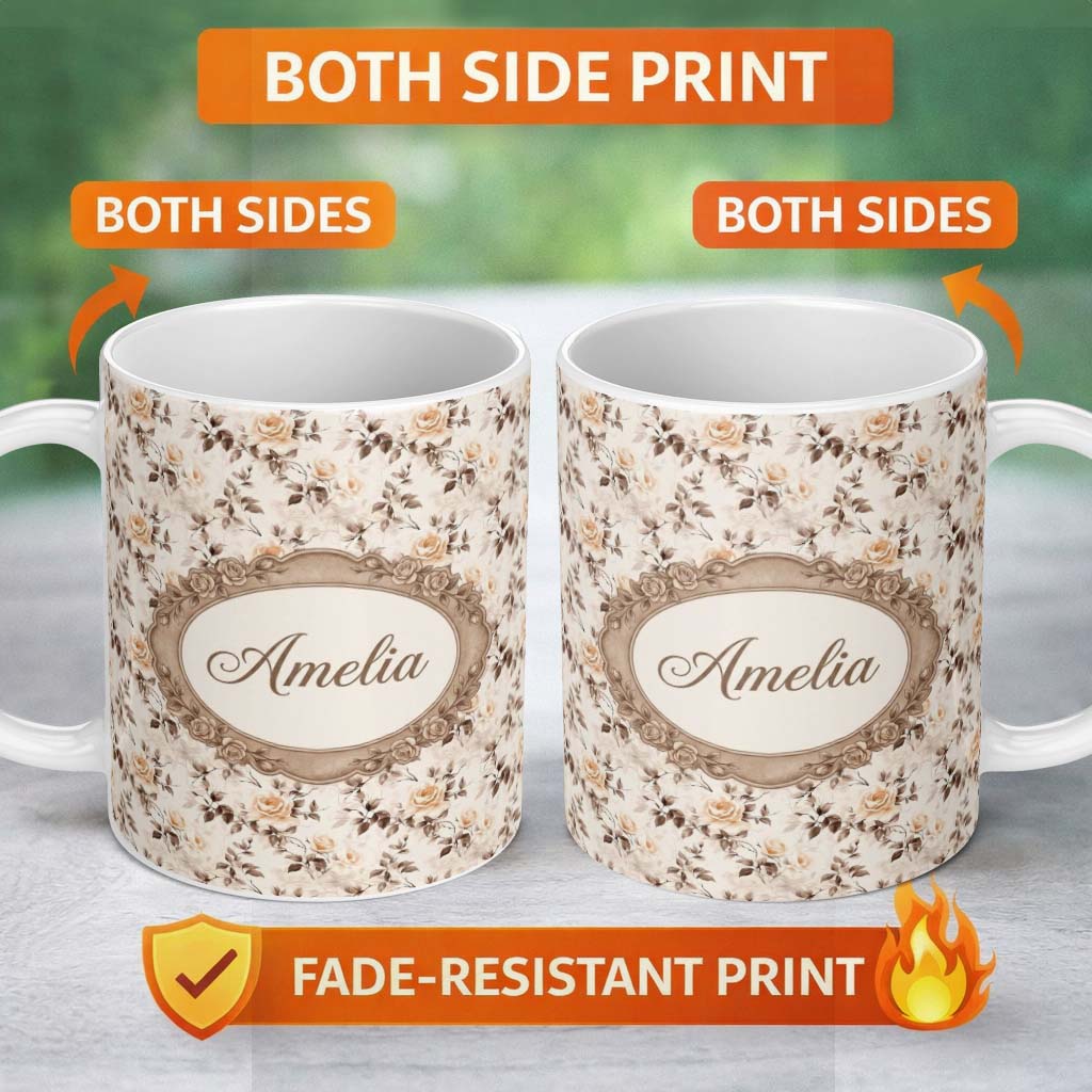 Personalized Custom Name Vintage Sepia Rose Botanical Floral Seamless Pattern Name Cute 11oz Ceramic Coffee Tea Mug White Large Handle