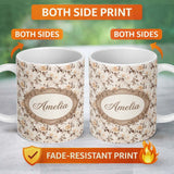 Personalized Custom Name Vintage Sepia Rose Botanical Floral Seamless Pattern Name Cute 11oz Ceramic Coffee Tea Mug White Large Handle