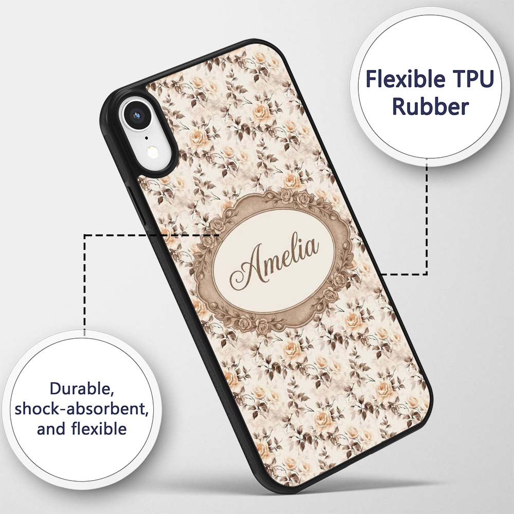Vintage Sepia Rose Botanical Floral Seamless Custom Name Protective Phone Case Mobile Cover Durable Everyday Smartphone Shock Resistant
