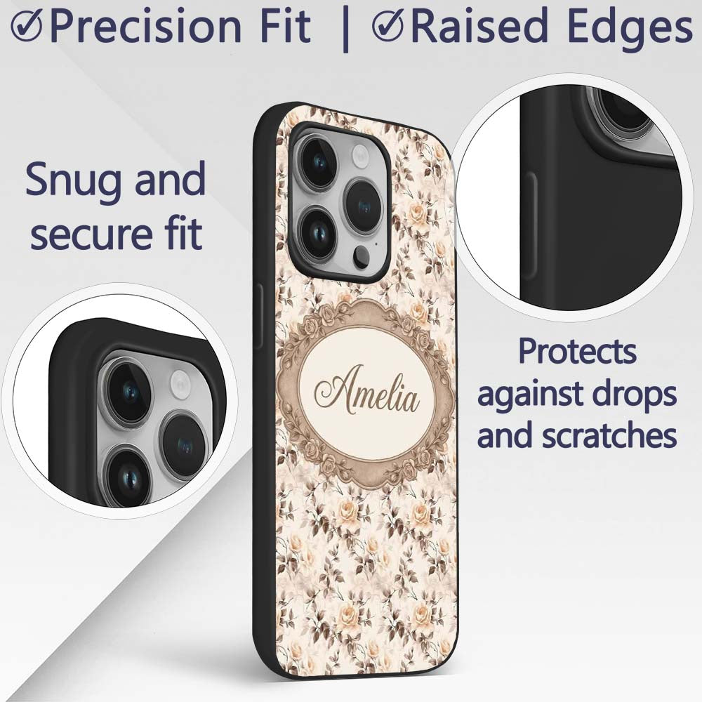 Vintage Sepia Rose Botanical Floral Seamless Custom Name Protective Phone Case Mobile Cover Durable Everyday Smartphone Shock Resistant