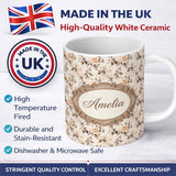 Personalized Custom Name Vintage Sepia Rose Botanical Floral Seamless Pattern Name Cute 11oz Ceramic Coffee Tea Mug White Large Handle