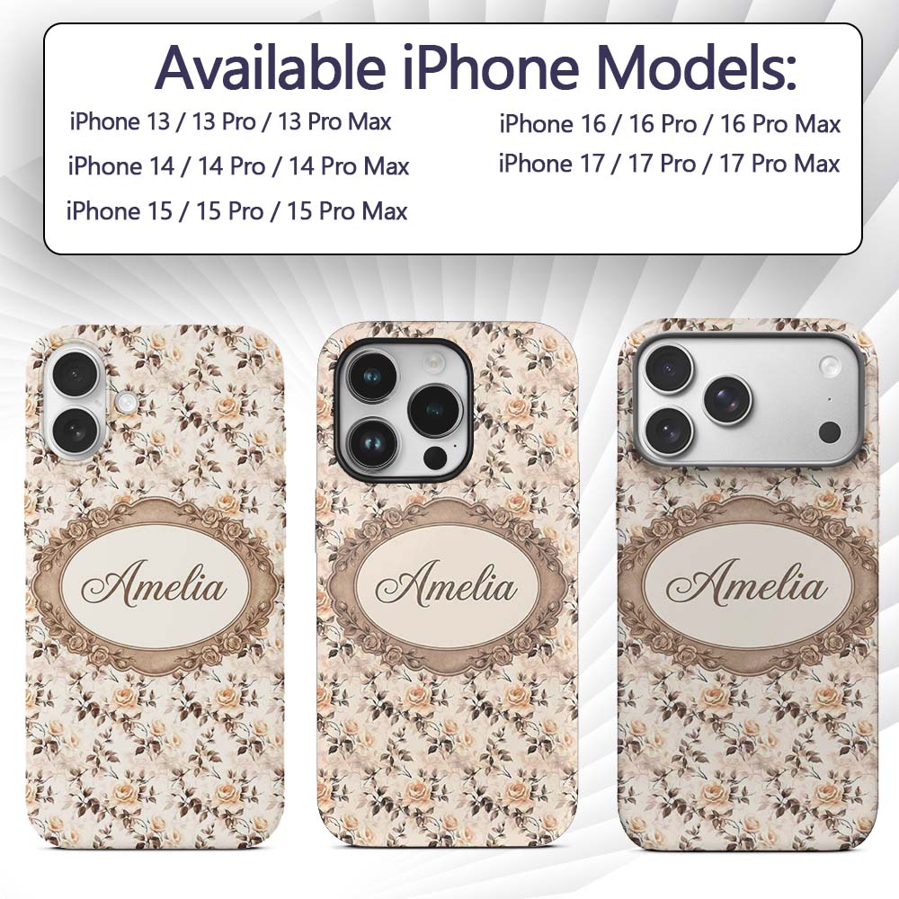 Vintage Sepia Rose Botanical Floral Seamless Custom Name Protective Phone Case Mobile Cover Durable Everyday Smartphone Shock Resistant