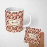 Personalized Custom Name Classic Red Rose Bouquet Floral Seamless Pattern Name Cute Unique 11oz Ceramic Coffee Tea Mug White Large Handle