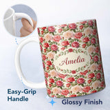 Personalized Custom Name Classic Red Rose Bouquet Floral Seamless Pattern Name Cute Unique 11oz Ceramic Coffee Tea Mug White Large Handle