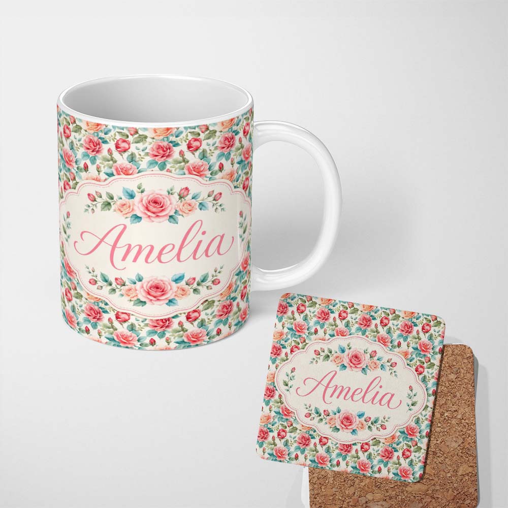 Personalized Custom Name Pastel Pink Peach Roses Floral Seamless Pattern Name Cute Unique 11oz Ceramic Coffee Tea Mug White Large Handle