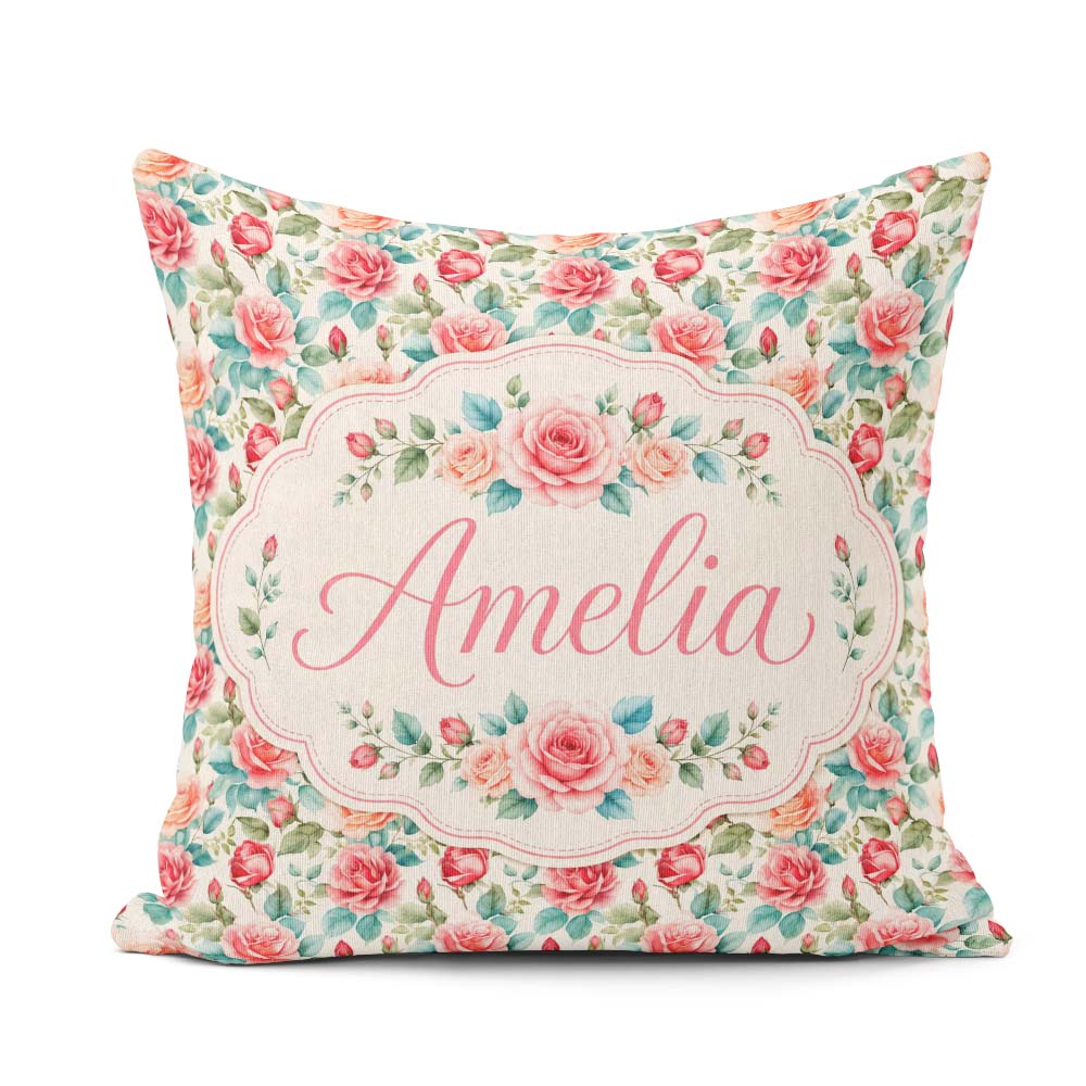 Custom Name Pastel Pink Peach Roses Floral Seamless Pattern Name Square Filled Cushion Throw Pillow Sofa Bed Home Decor Zip Washable UK Made