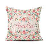 Custom Name Pastel Pink Peach Roses Floral Seamless Pattern Name Square Filled Cushion Throw Pillow Sofa Bed Home Decor Zip Washable UK Made