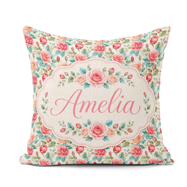 Custom Name Pastel Pink Peach Roses Floral Seamless Pattern Name Square Filled Cushion Throw Pillow Sofa Bed Home Decor Zip Washable UK Made
