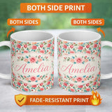 Personalized Custom Name Pastel Pink Peach Roses Floral Seamless Pattern Name Cute Unique 11oz Ceramic Coffee Tea Mug White Large Handle