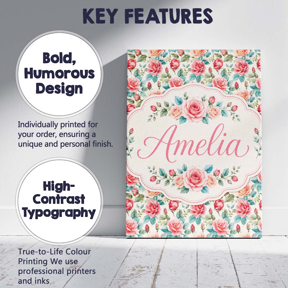 Personalised Name Pastel Pink Peach Roses Custom  Unique Gift Idea Elegant Feature Canvas Wall Art Print Decor Picture Ready to Hang