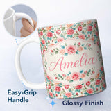 Personalized Custom Name Pastel Pink Peach Roses Floral Seamless Pattern Name Cute Unique 11oz Ceramic Coffee Tea Mug White Large Handle
