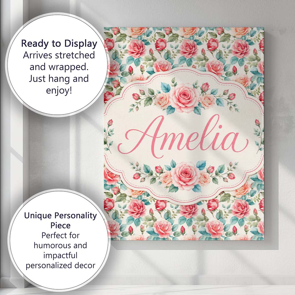 Personalised Name Pastel Pink Peach Roses Custom  Unique Gift Idea Elegant Feature Canvas Wall Art Print Decor Picture Ready to Hang