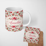 Personalized Custom Name Timeless Red Pink Rose Botanical Seamless Pattern Name Cute Unique 11oz Ceramic Coffee Tea Mug White Large Handle