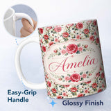 Personalized Custom Name Timeless Red Pink Rose Botanical Seamless Pattern Name Cute Unique 11oz Ceramic Coffee Tea Mug White Large Handle