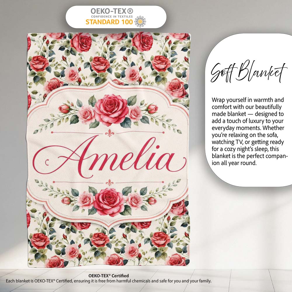 Timeless Red Pink Rose Botanical Seamless Pattern Name Cute Unique  Personalised Custom Name Super Soft Fleece Blanket Bed Sofa Throw