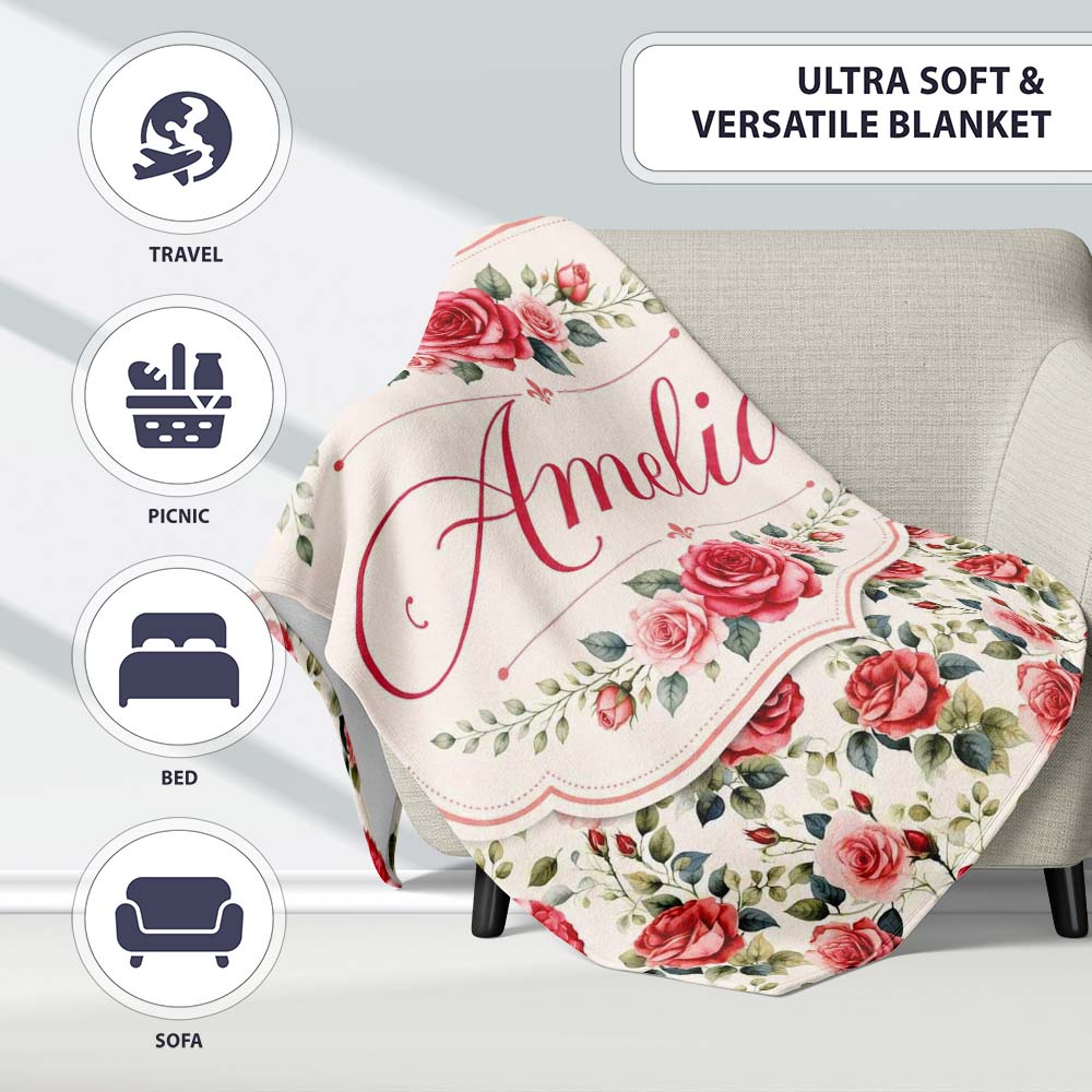 Timeless Red Pink Rose Botanical Seamless Pattern Name Cute Unique  Personalised Custom Name Super Soft Fleece Blanket Bed Sofa Throw