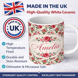 Personalized Custom Name Timeless Red Pink Rose Botanical Seamless Pattern Name Cute Unique 11oz Ceramic Coffee Tea Mug White Large Handle