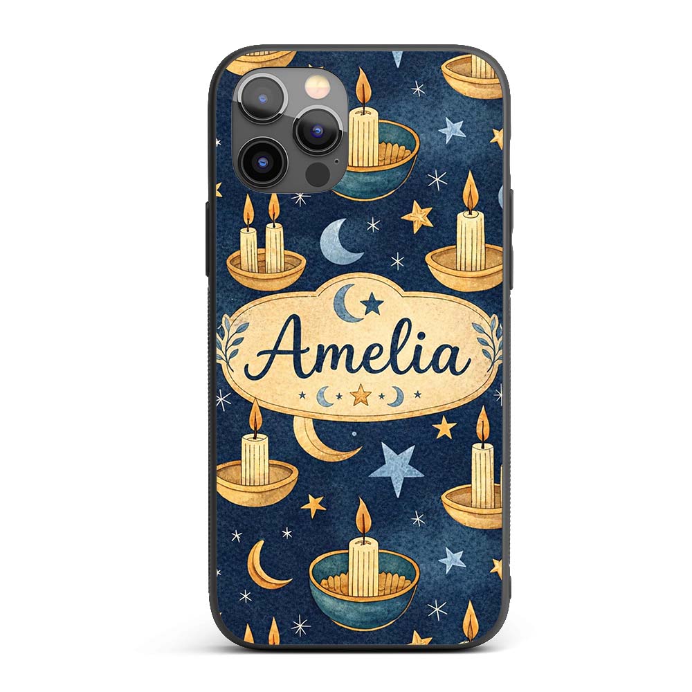 Celestial Candle Moon Stars Mystic Night Seamless Custom Name Protective Phone Case Mobile Cover Durable Everyday Smartphone Shock Resistant