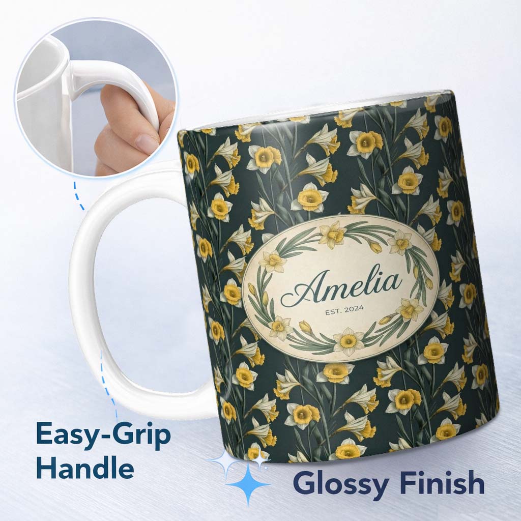 Personalized Custom Name Elegant Yellow White Daffodil Floral Seamless Pattern Name Cute 11oz Ceramic Coffee Tea Mug White Large Handle