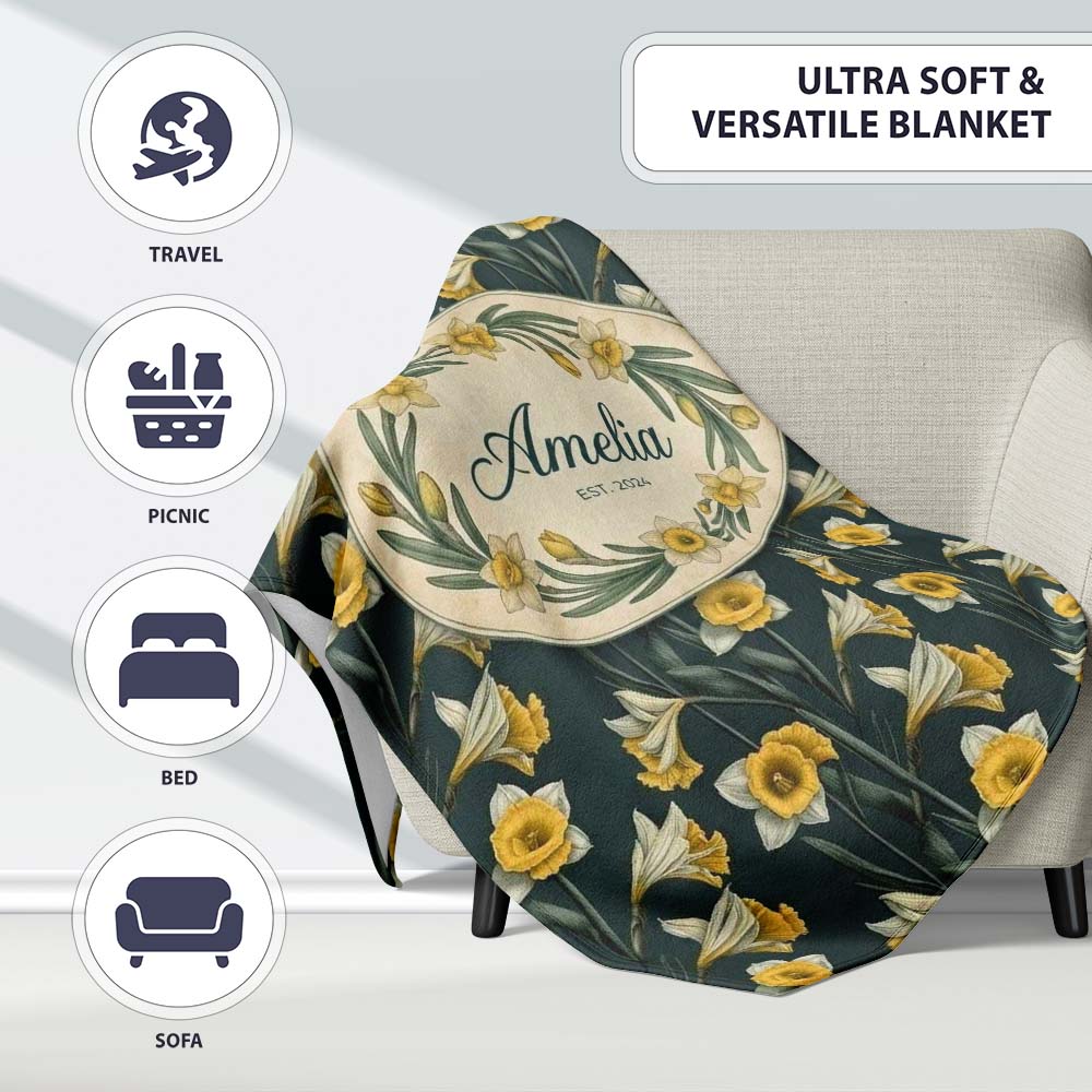 Elegant Yellow White Daffodil Floral Seamless Pattern Name Cute  Personalised Custom Name Super Soft Fleece Blanket Bed Sofa Throw