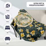 Elegant Yellow White Daffodil Floral Seamless Pattern Name Cute  Personalised Custom Name Super Soft Fleece Blanket Bed Sofa Throw