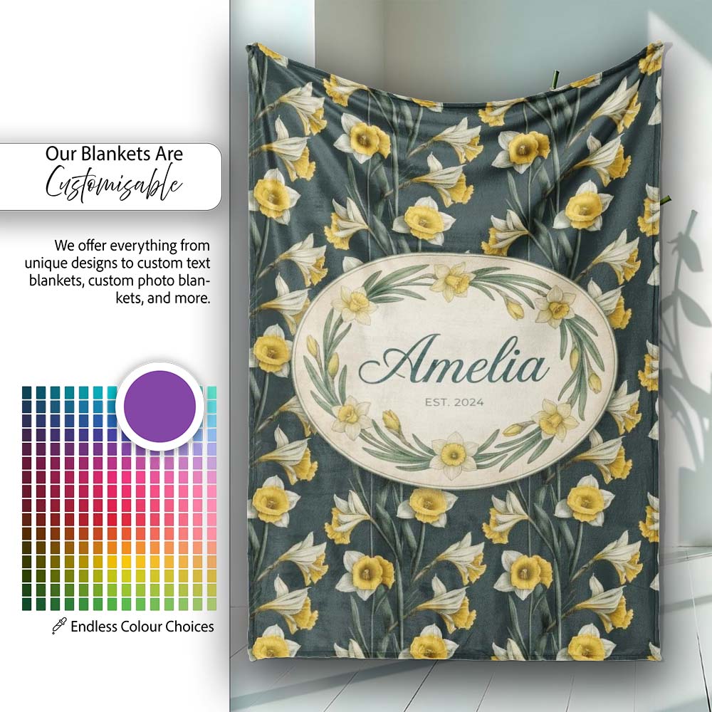 Elegant Yellow White Daffodil Floral Seamless Pattern Name Cute  Personalised Custom Name Super Soft Fleece Blanket Bed Sofa Throw