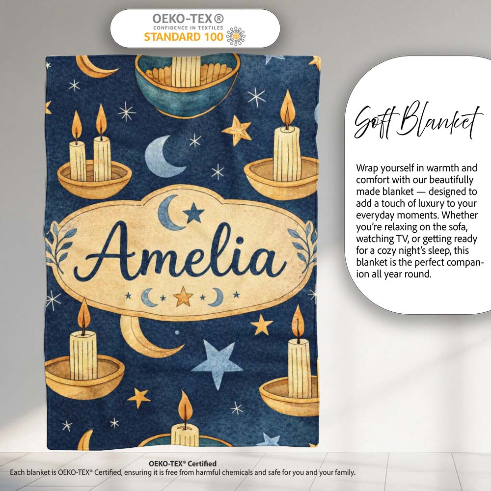 Celestial Candle Moon Stars Mystic Night Seamless Pattern Lovely  Personalised Custom Name Super Soft Fleece Blanket Bed Sofa Throw