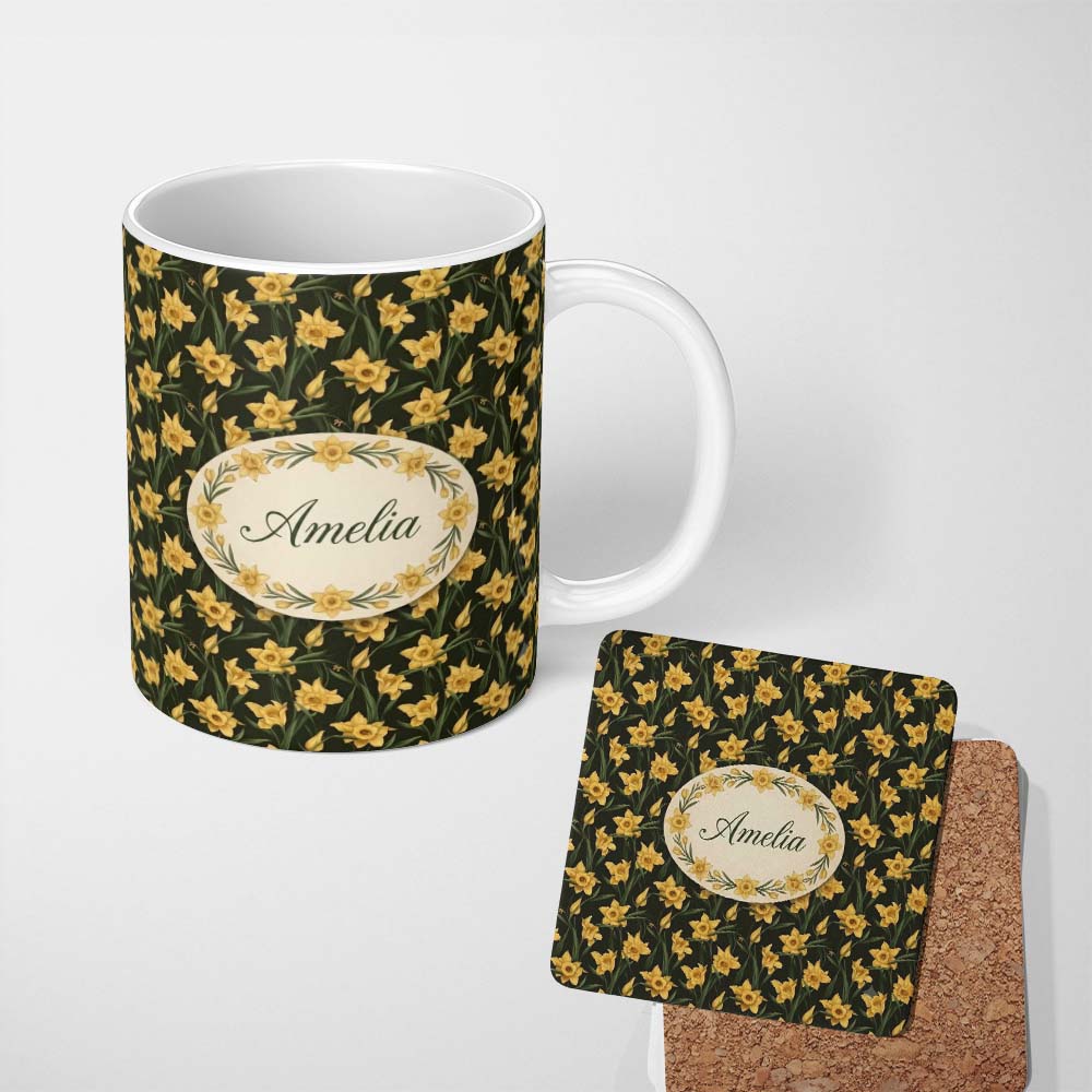 Personalized Custom Name Golden Daffodil Spring Floral Botanical Seamless Pattern Name Cute 11oz Ceramic Coffee Tea Mug White Large Handle