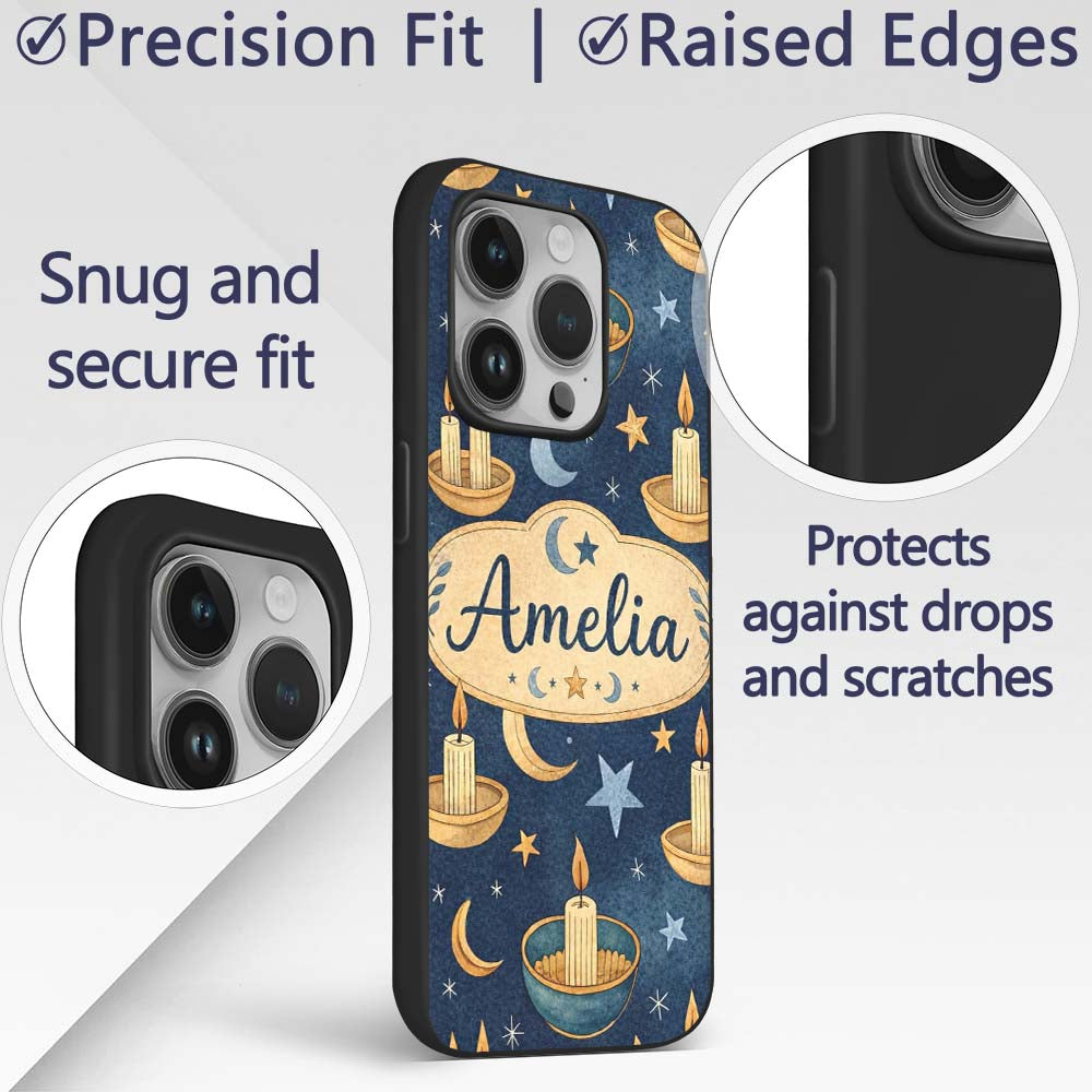 Celestial Candle Moon Stars Mystic Night Seamless Custom Name Protective Phone Case Mobile Cover Durable Everyday Smartphone Shock Resistant