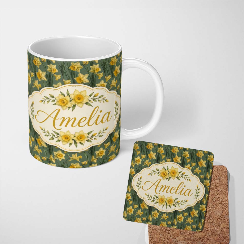 Personalized Custom Name Soft Yellow Daffodil Meadow Floral Seamless Pattern Name Cute 11oz Ceramic Coffee Tea Mug White Large Handle