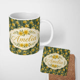 Personalized Custom Name Soft Yellow Daffodil Meadow Floral Seamless Pattern Name Cute 11oz Ceramic Coffee Tea Mug White Large Handle
