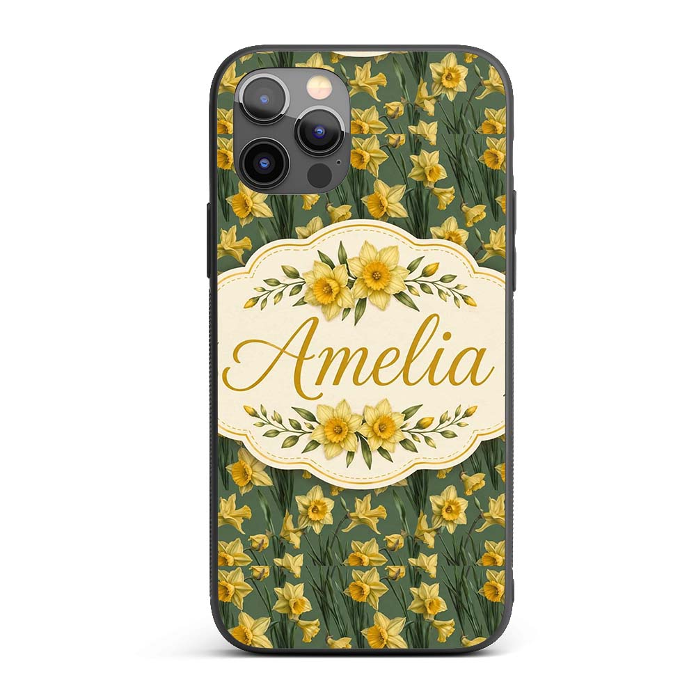 Soft Yellow Daffodil Meadow Floral Printed Design Custom Name Protective Phone Case Mobile Cover Durable Everyday Smartphone Shock Resistant