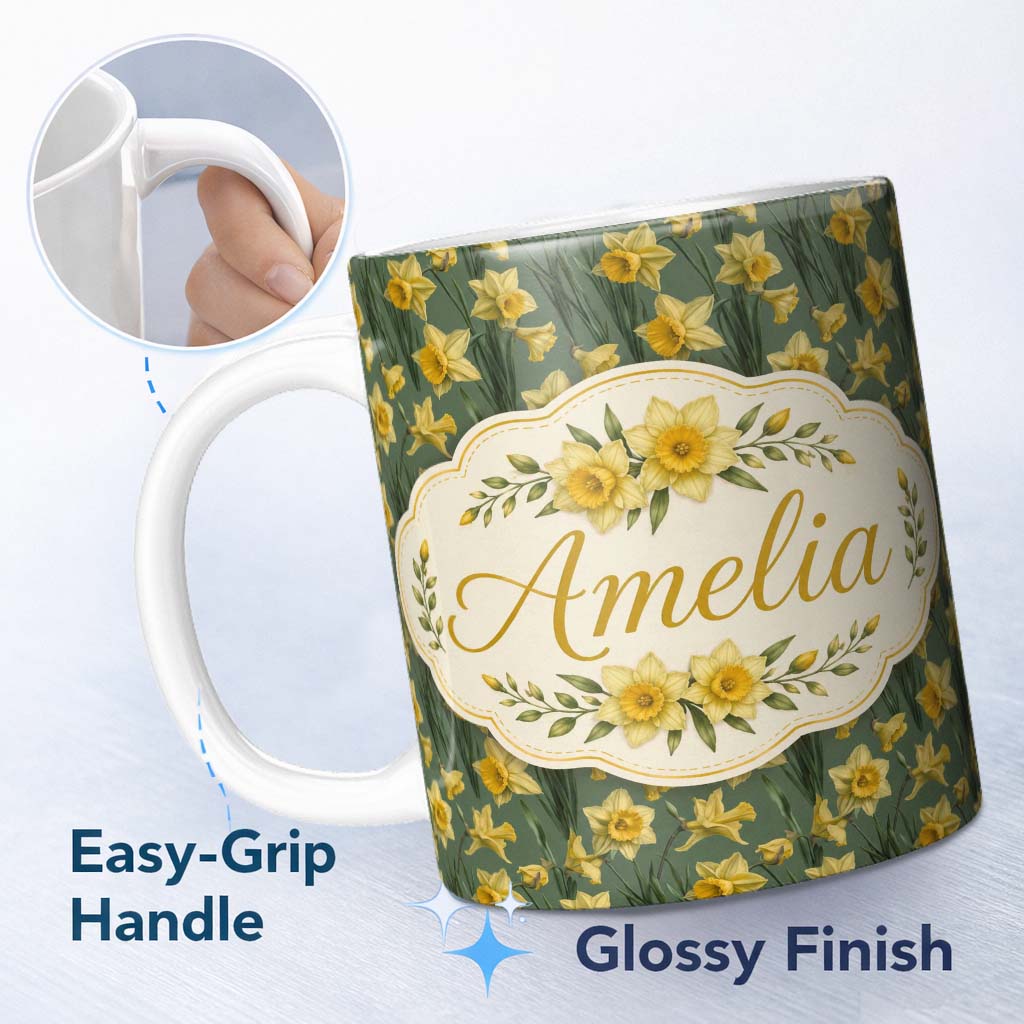 Personalized Custom Name Soft Yellow Daffodil Meadow Floral Seamless Pattern Name Cute 11oz Ceramic Coffee Tea Mug White Large Handle