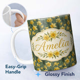 Personalized Custom Name Soft Yellow Daffodil Meadow Floral Seamless Pattern Name Cute 11oz Ceramic Coffee Tea Mug White Large Handle