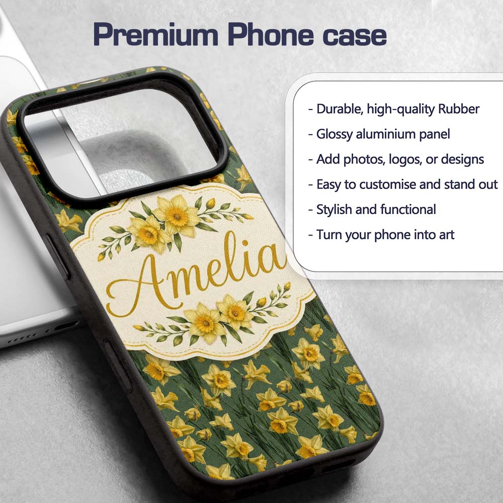 Soft Yellow Daffodil Meadow Floral Printed Design Custom Name Protective Phone Case Mobile Cover Durable Everyday Smartphone Shock Resistant