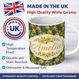 Personalized Custom Name Soft Yellow Daffodil Meadow Floral Seamless Pattern Name Cute 11oz Ceramic Coffee Tea Mug White Large Handle
