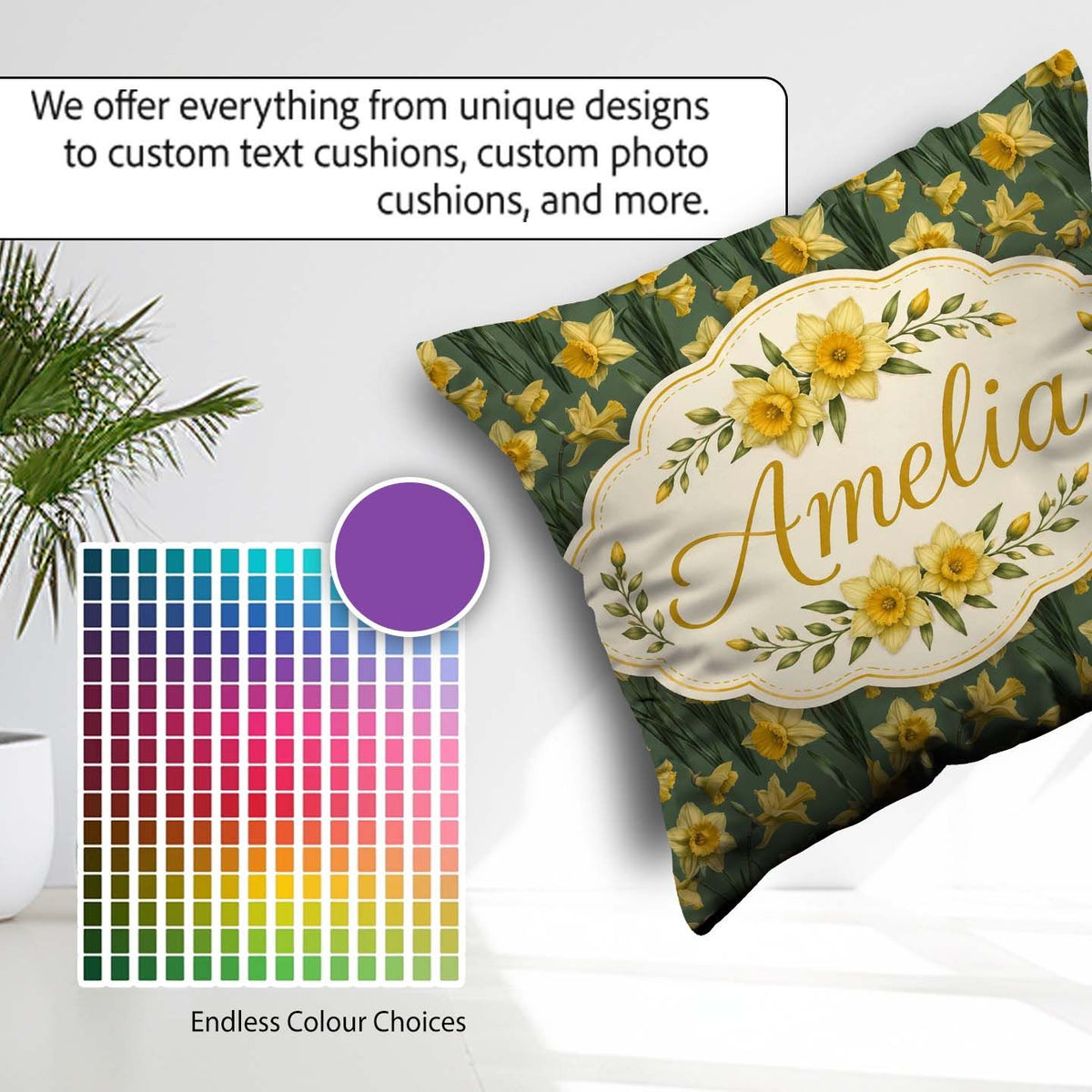 Custom Name Soft Yellow Daffodil Meadow Floral Pattern Name Cute Square Filled Cushion Throw Pillow Sofa Bed Home Decor Zip Washable UK Made