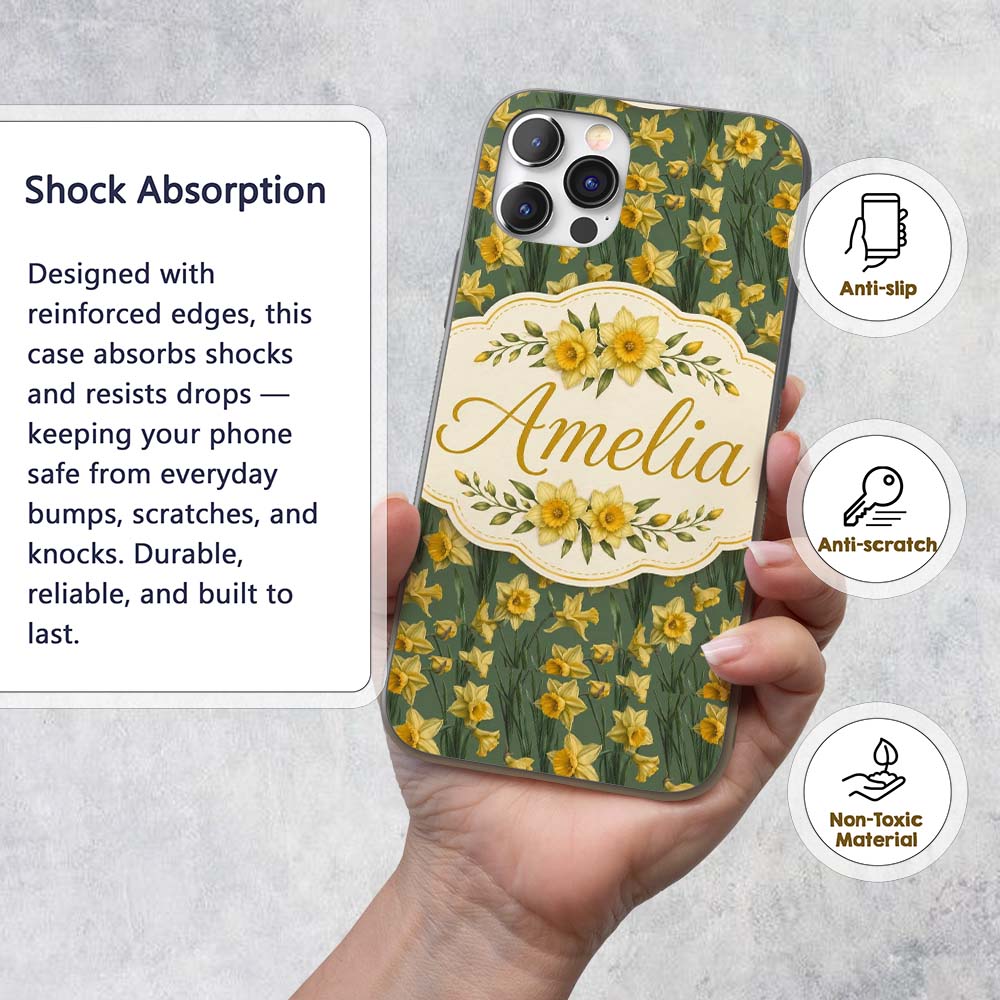 Soft Yellow Daffodil Meadow Floral Printed Design Custom Name Protective Phone Case Mobile Cover Durable Everyday Smartphone Shock Resistant