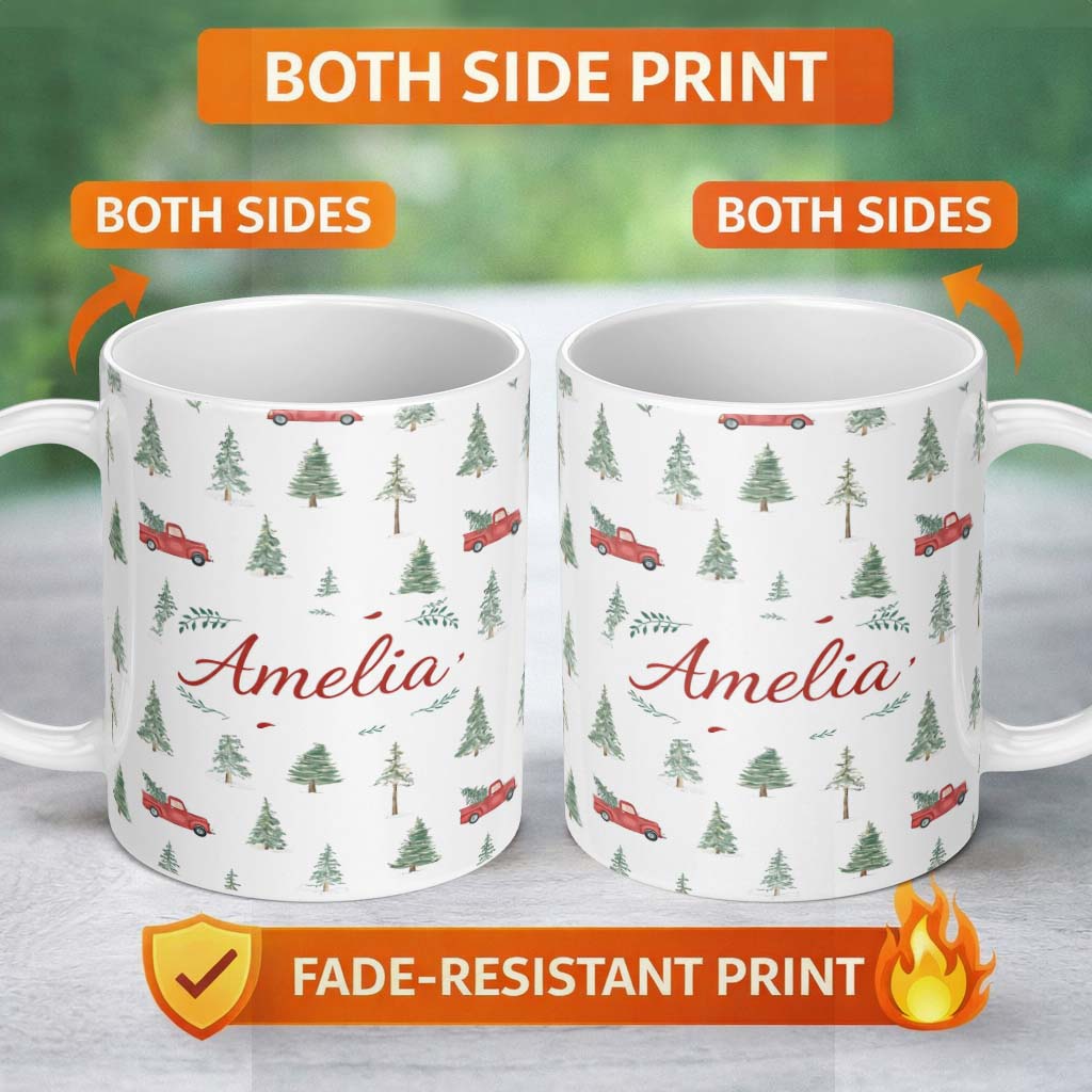 Personalized Custom Name Winter Forest Red Car Christmas Tree Pattern Seamless Design Lovely 11oz Ceramic Coffee Tea Mug White Large Handle