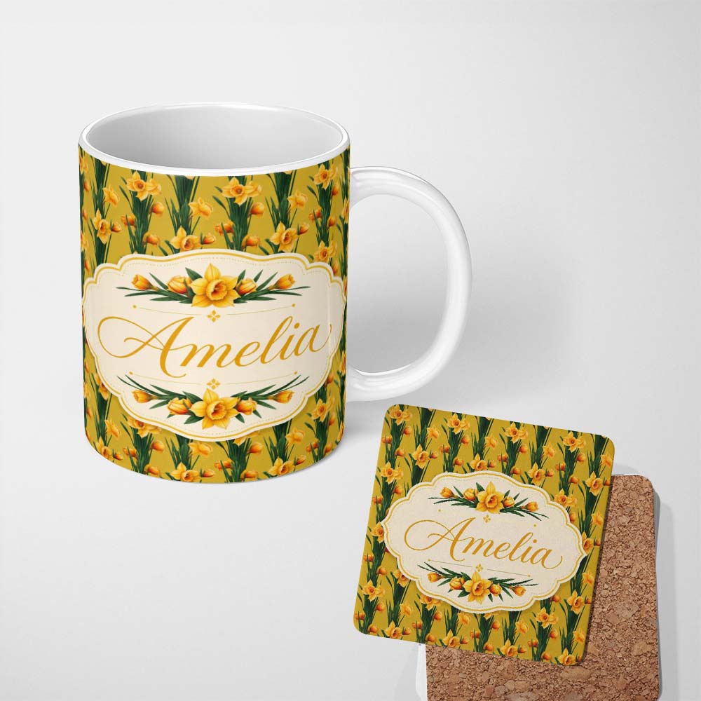 Personalized Custom Name Bright Orange Yellow Daffodil Floral Seamless Pattern Name Cute 11oz Ceramic Coffee Tea Mug White Large Handle