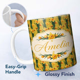 Personalized Custom Name Bright Orange Yellow Daffodil Floral Seamless Pattern Name Cute 11oz Ceramic Coffee Tea Mug White Large Handle
