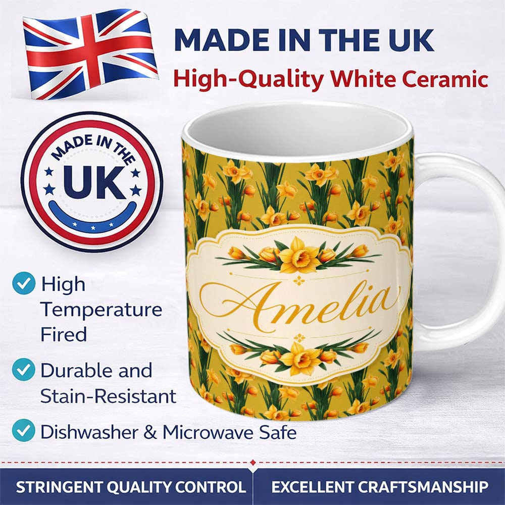 Personalized Custom Name Bright Orange Yellow Daffodil Floral Seamless Pattern Name Cute 11oz Ceramic Coffee Tea Mug White Large Handle