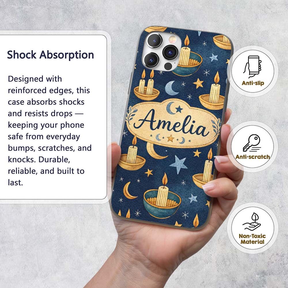 Celestial Candle Moon Stars Mystic Night Seamless Custom Name Protective Phone Case Mobile Cover Durable Everyday Smartphone Shock Resistant