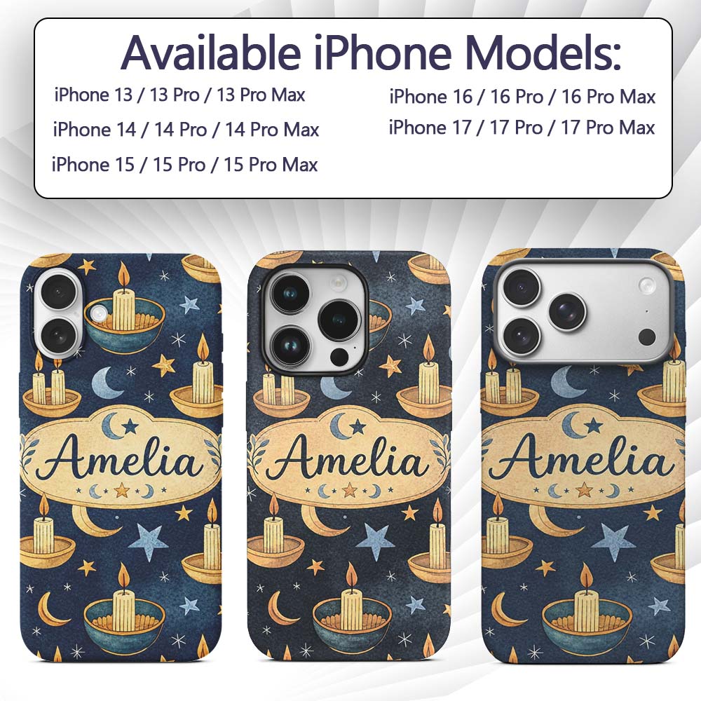 Celestial Candle Moon Stars Mystic Night Seamless Custom Name Protective Phone Case Mobile Cover Durable Everyday Smartphone Shock Resistant