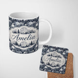 Personalized Custom Name Night Woodland Moon Landscape Seamless Pattern Name Cute Unique Gift 11oz Ceramic Coffee Tea Mug White Large Handle