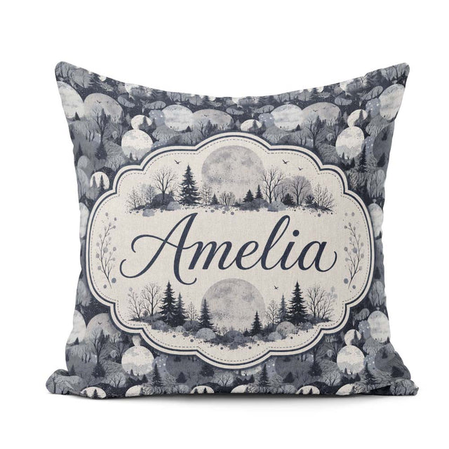 Custom Name Night Woodland Moon Landscape Seamless Pattern Name Square Filled Cushion Throw Pillow Sofa Bed Home Decor Zip Washable UK Made