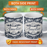 Personalized Custom Name Night Woodland Moon Landscape Seamless Pattern Name Cute Unique Gift 11oz Ceramic Coffee Tea Mug White Large Handle